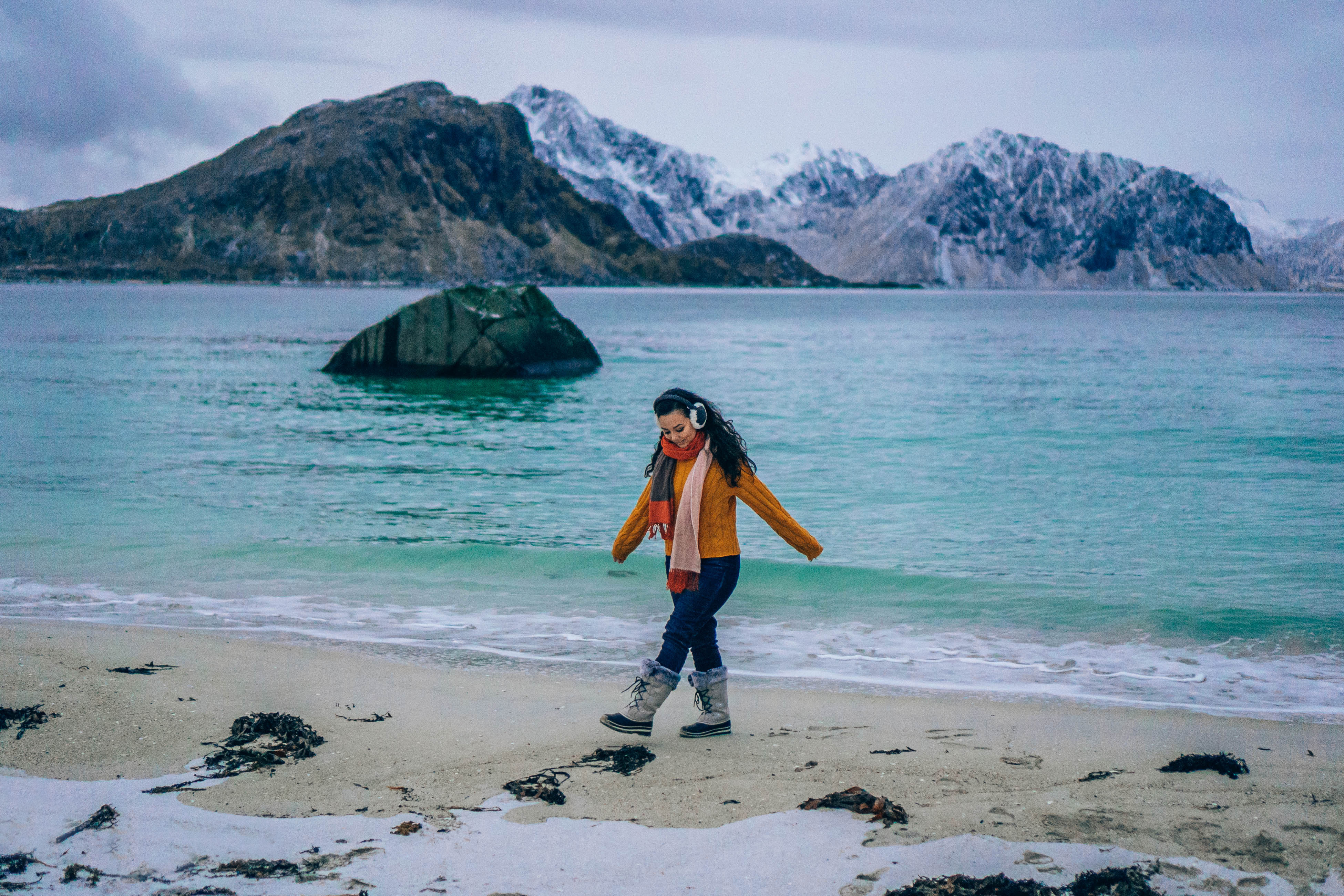 haukland beach lofoten norway winter arctic ice sand